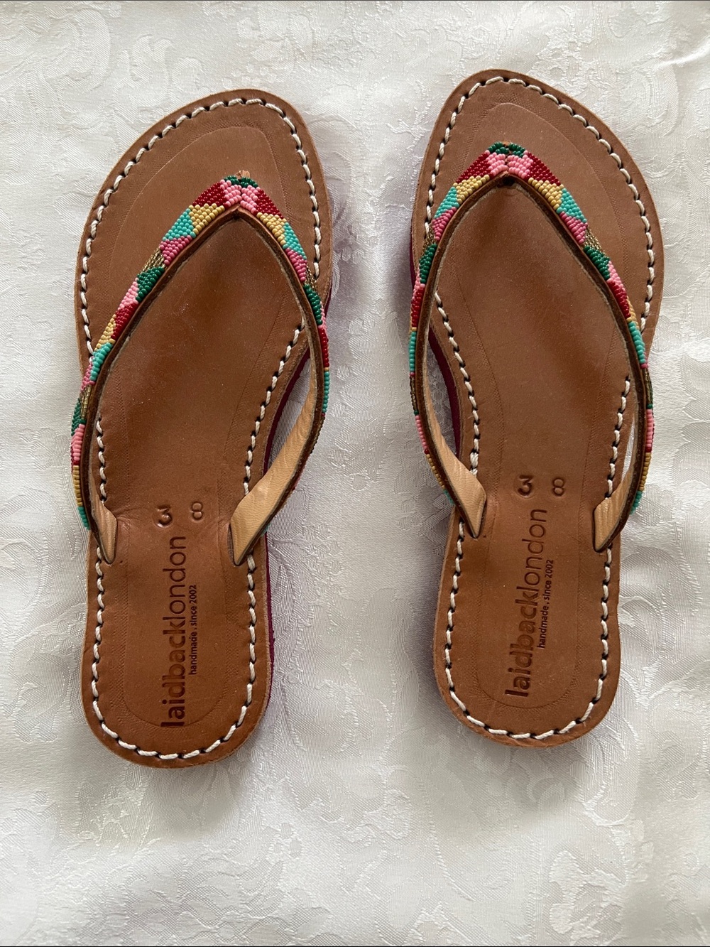 Laidback London Multicolor Beaded Leather Flip Flop Sandals - Brown